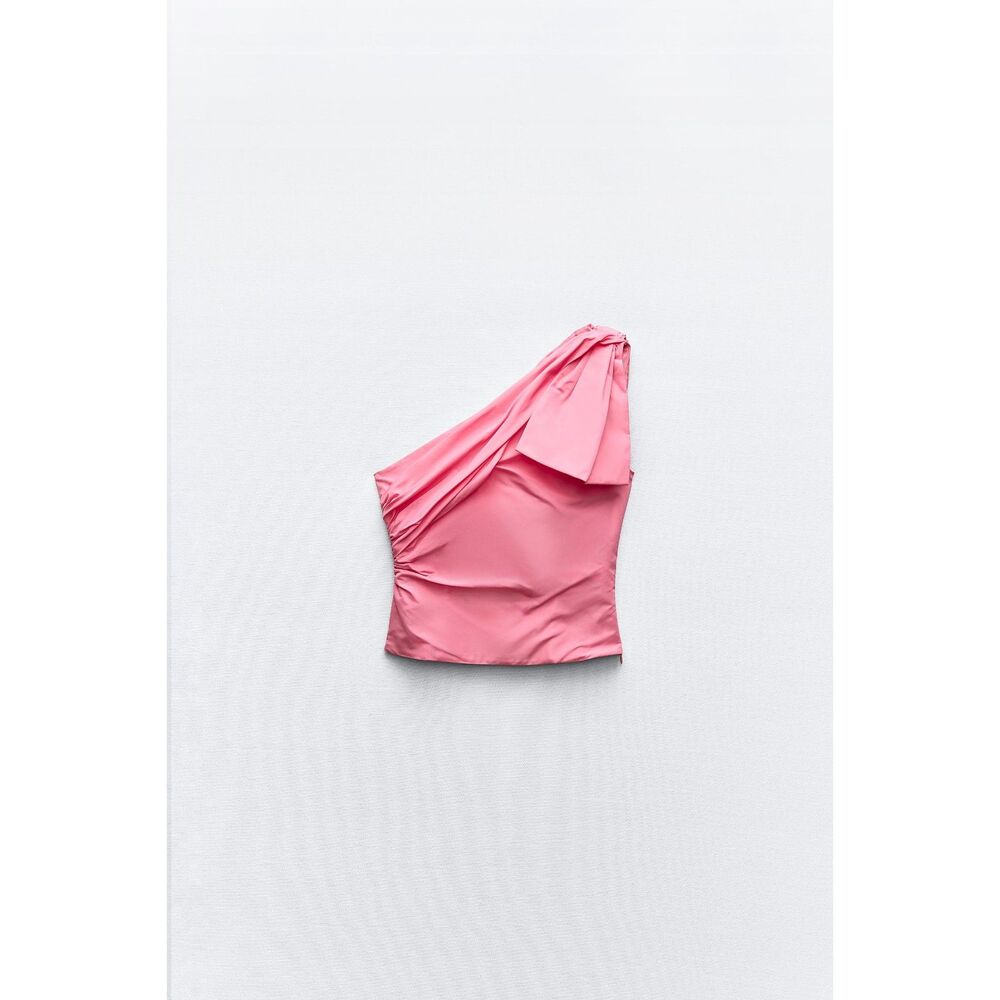 Pink Zara Taffeta Asymmetrical Neckline Shoulder-Bow Ruched Blouse Top (NWT)